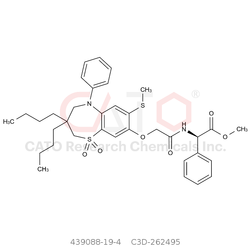 CAS No.:439088-19-4,甲基（R）-2-（2-（（3,3-二丁基-7-（甲硫基）-1,1-二氧化物-5-苯基-2,3,4-5-四氢苯并[b][1,4]硫氮杂环庚烷-8-基）氧）乙酰胺基）-2-苯乙酸酯