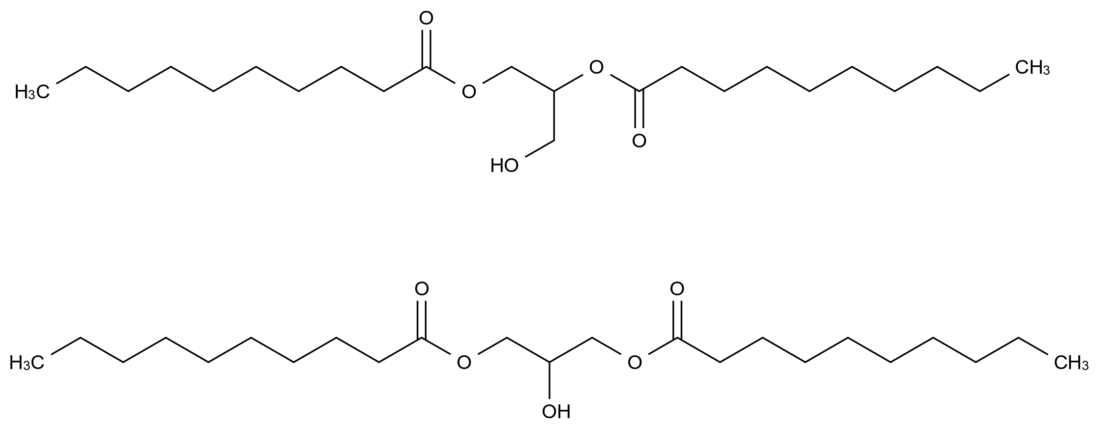 二癸酸甘油酯（1,3与1,2-癸酸甘油酯混合） Glyceryl dicaprate CAS 53988-07-1 结构式 Chemical Structure