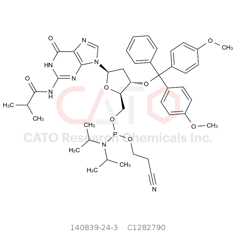 CAS No.:140839-24-3,((2R,3S,5R)-3-(双(4-甲氧基苯基)(苯基)甲氧基)-5-(2-异丁酰氨基-6-氧代-3,6-二氢-9H-嘌呤-9-基)四氢呋喃-2-基)甲基 (2-氰乙基)二异丙基亚磷酰胺