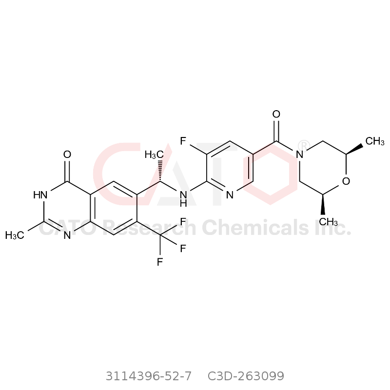 CAS No.:3114396-52-7,6-（（S）-1-（（5-（（2S，6R）-2,6-二甲基吗啉-4-羰基）-3-氟吡啶-2-基）氨基）乙基）-2-甲基-7-（三氟甲基）喹唑啉-4（3H）-酮