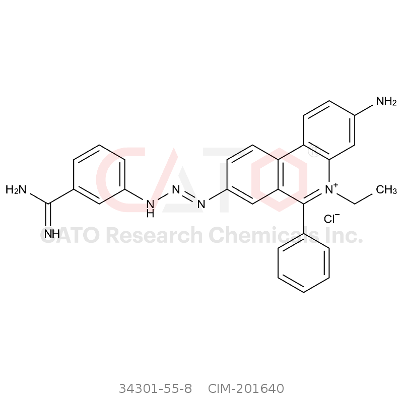 CAS No.:34301-55-8,(E)-3-Amino-8-(3-(3-carbamimidoylphenyl)triaz-1-en-1-yl)-5-ethyl-6-phenylphenanthridin-5-ium chloride