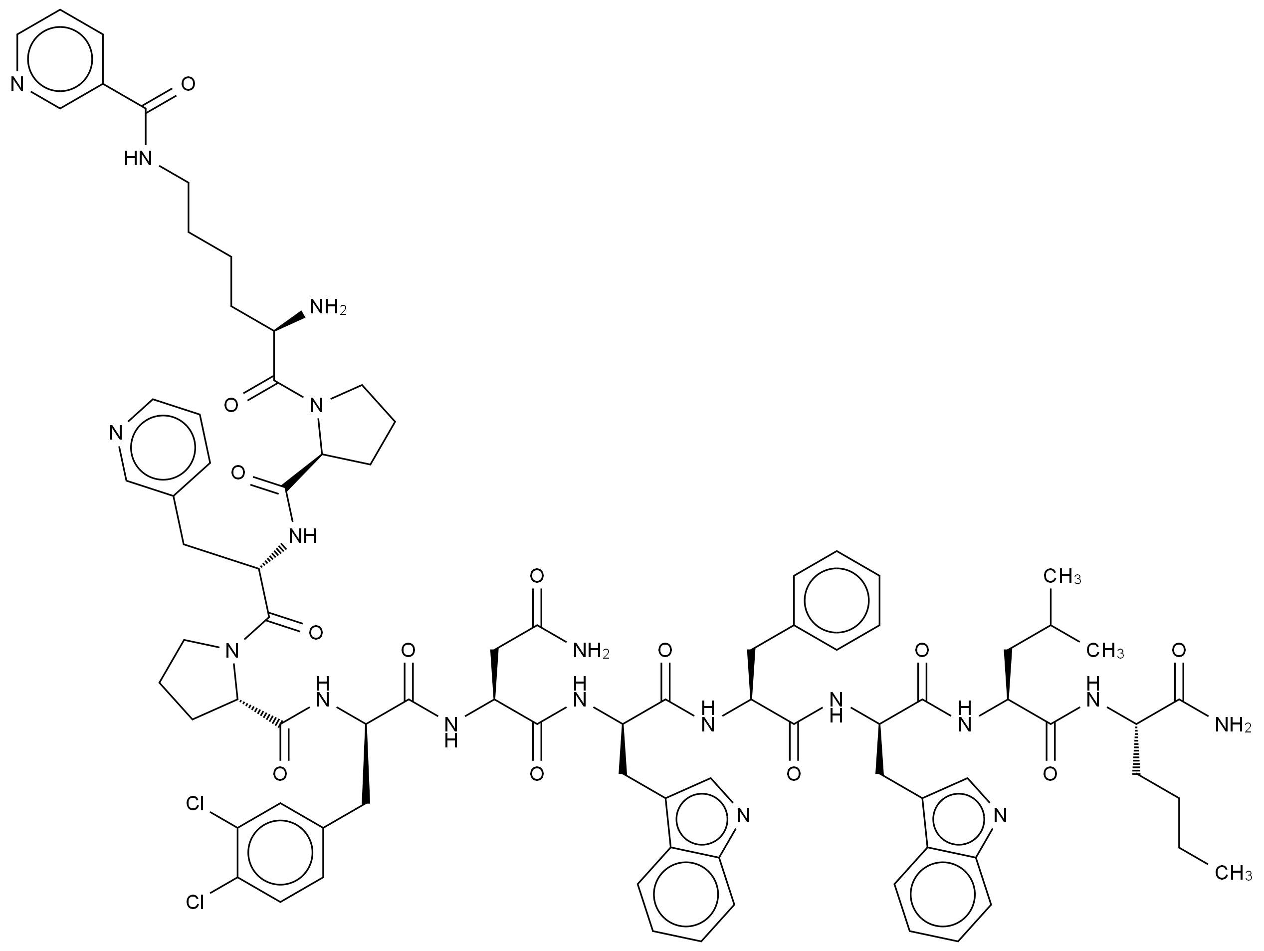 (D-赖氨酸(nicotinoyl)1,β-(3-pyridyl)-Ala3,3,4-di氯-D-Phe5,Asn6,D-Trp7·9,Nle11)-物质P (D-Lys(nicotinoyl)1,β-(3-pyridyl)-Ala3,3,4-dichloro-D-Phe5,Asn6,D-Trp7·9,Nle11)-Substance P CAS 129176-97-2 结构式 Chemical Structure