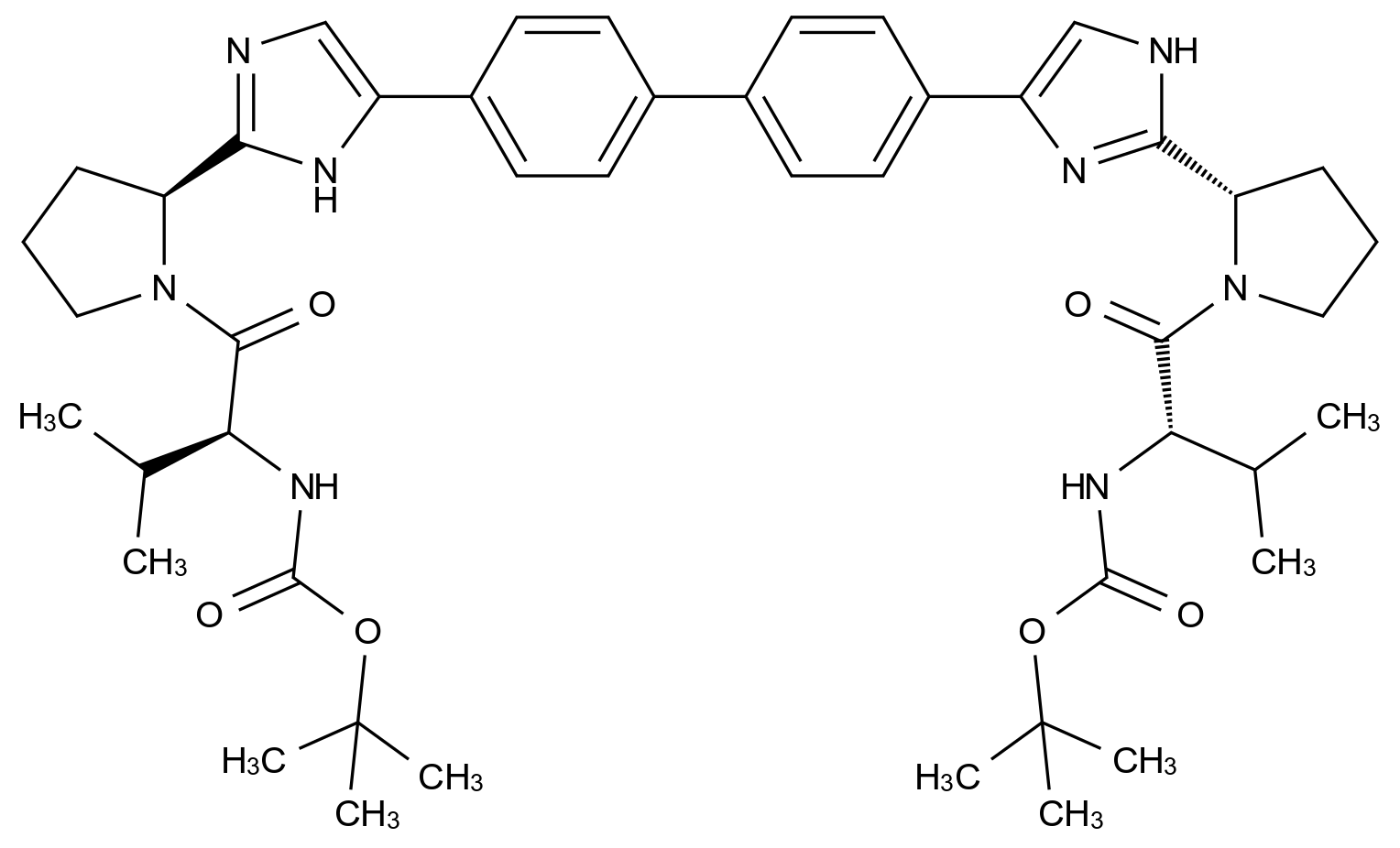 tert-Butyl (2S,2'S)-1,1'-((2S,2'S)-2,2'-(4,4'-(biphenyl-4,4'-diyl)bis(1H-imidazole-4,2-diyl))bis(pyrrolidine-2,1-diyl))bis(3-methyl-1-oxobutane-2,1-diyl)dicarbamate 结构式
