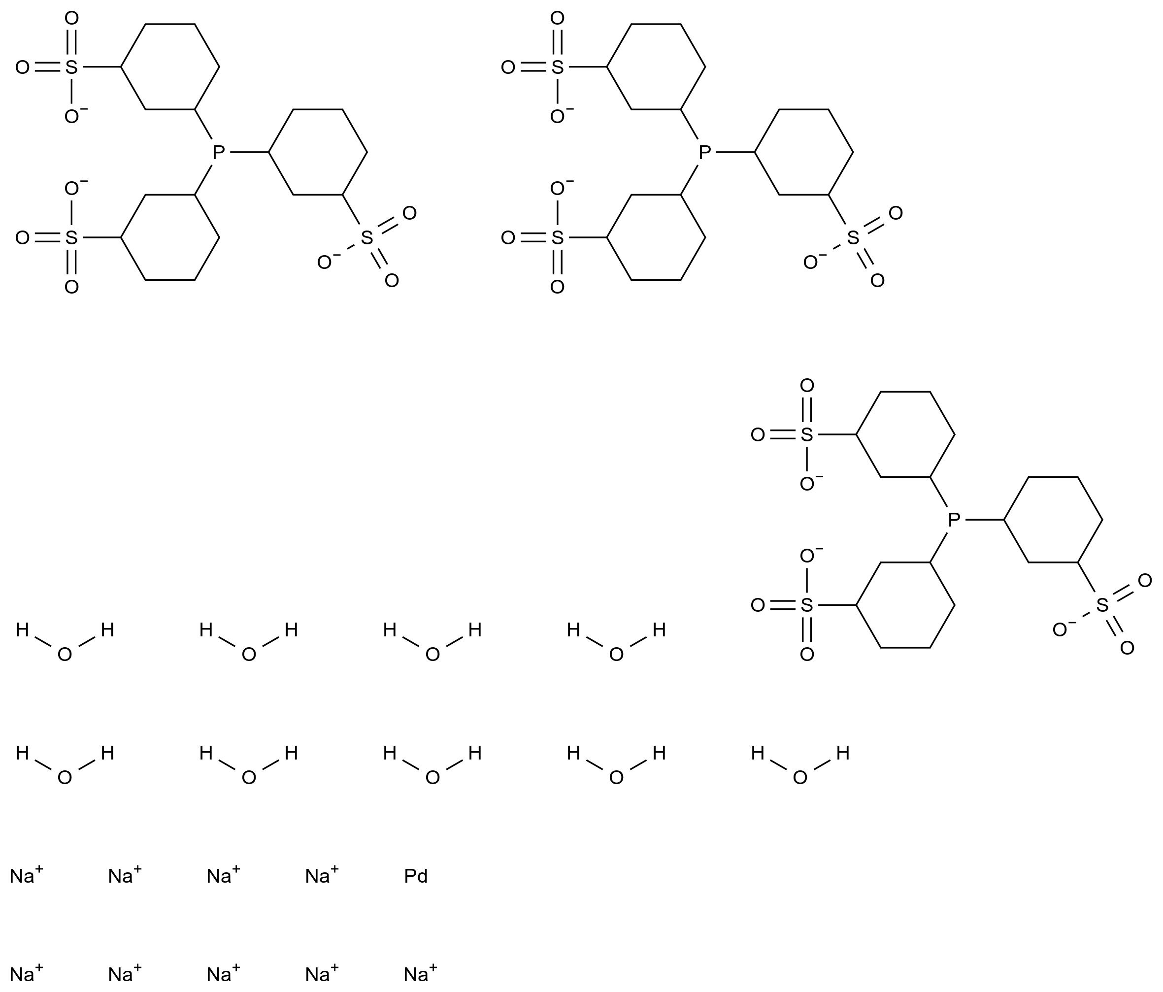三(3,3′,3″-次膦基三(苯磺酸基)钯(0) 九钠盐 九水合物 Tris(3,3′,3″-phosphinic tris(phenylsulfonate)palladium(0) nonasodium salt nonahydrate CAS 176483-72-0 结构式 Chemical Structure