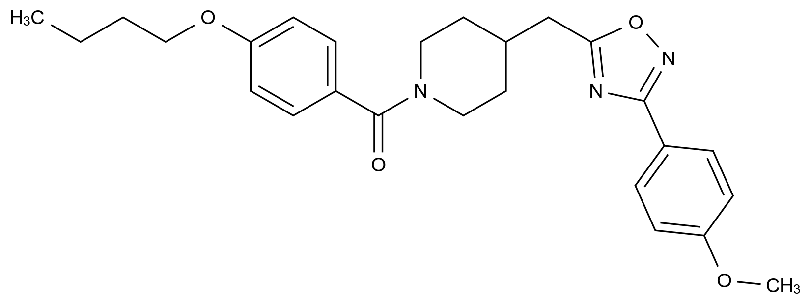 1-(4-Butoxybenzoyl)-4-{[3-(4-methoxyphenyl)-1,2,4-oxadiazol-5-yl]methyl}piperidine CAS 1775482-34-2 chemical structure