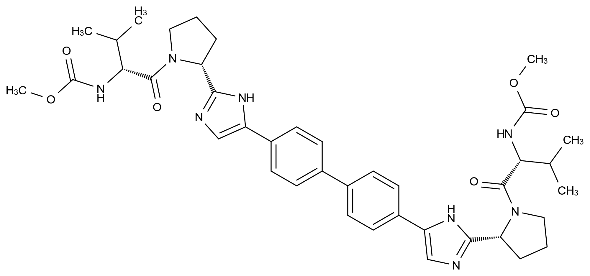 CAS No.:1417333-58-4,Dimethyl(2R,2'R)-((2R,2'R)-2,2'-(5,5'-([1,1'-biphenyl]-4,4'-diyl)bis(1H-imidazole-5,2-diyl)bis(pyrrolidine-2,1-diyl)bis(3-methylbutane-2,1-diyl)dicarbamateDiscontinued - Please offer D101530