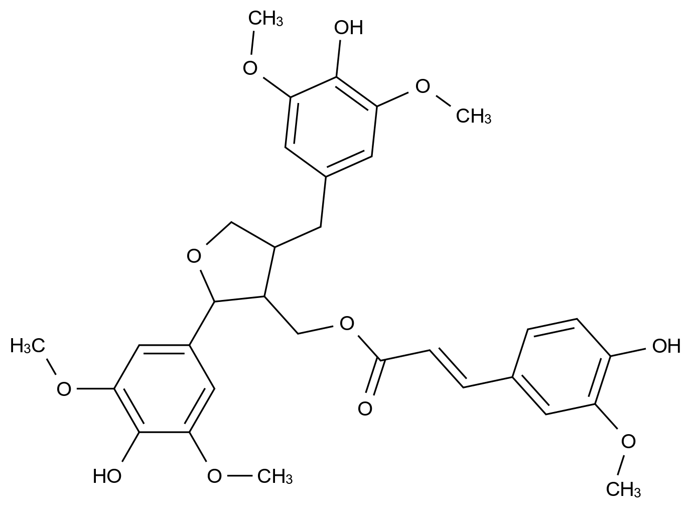  166322-14-1
2-Propenoic acid,3-(4-hydroxy-3-methoxyphenyl)-,[(2S,3R,4R)-tetrahydro-2-(4-hydroxy-3,5-dimethoxyphenyl)-4-[(4-hydroxy-3,5-dimethoxyphenyl)methyl]-3-furanyl]methylester, (2E)- CAS 166322-14-1 结构式 Chemical Structure