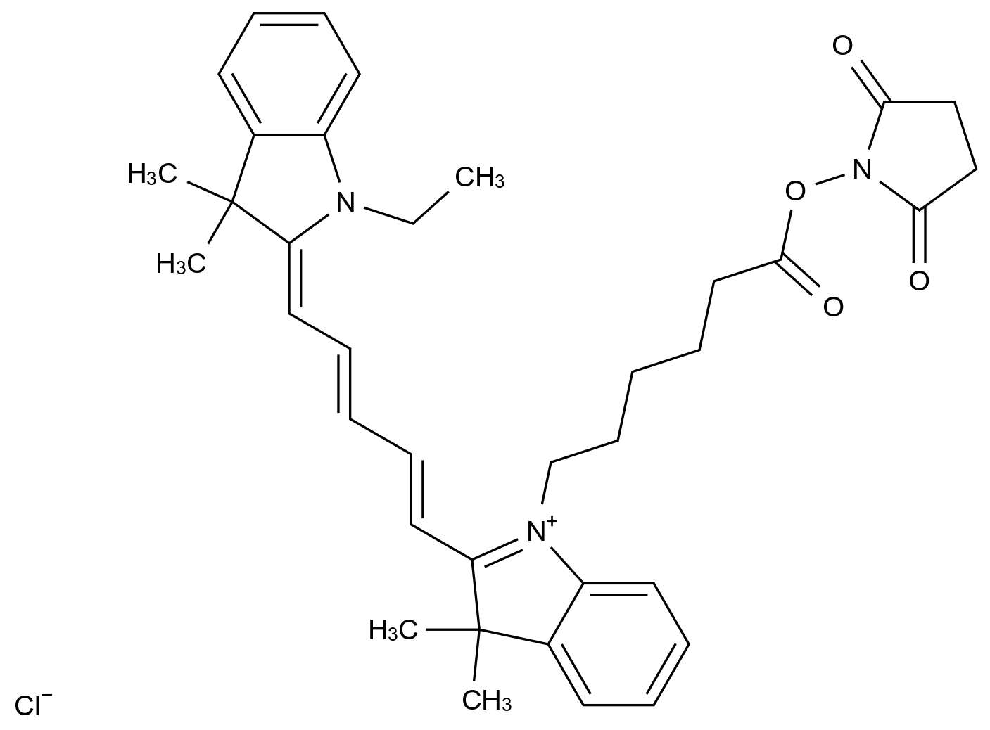  2-(5-(1-(6-((2,5-Dioxopyrrolidin-1-yl)oxy)-6-oxohexyl)-3,3-dimethylindolin-2-ylidene)penta-1,3-dien-1-yl)-1-ethyl-3,3-dimethyl-3H-indol-1-ium chloride CAS 190714-26-2 结构式 Chemical Structure