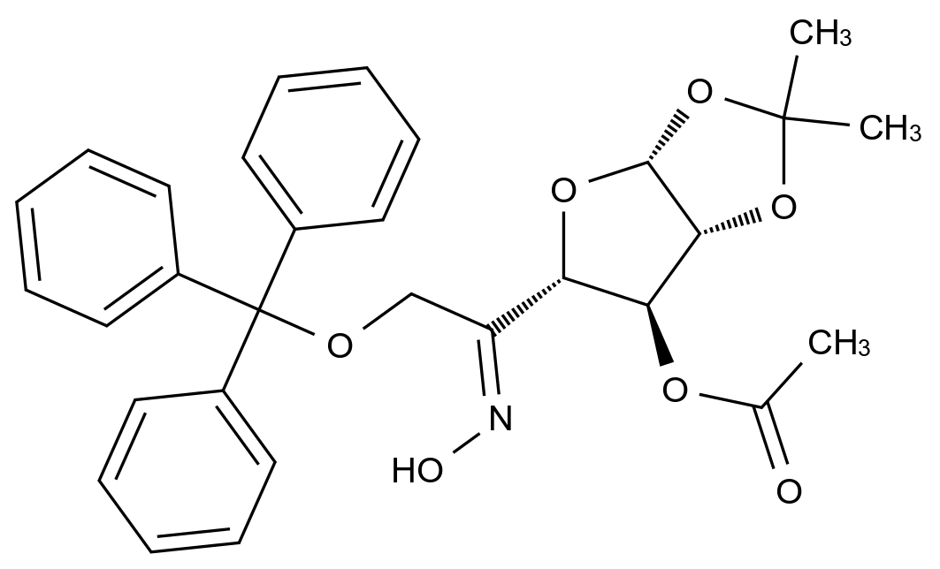 1,2-O-(1-Methylethylidene)-6-O-(triphenylmethyl)-β-L-arabino-hexofuranos-5-ulose OxiMe 3-Acetate标准品结构式