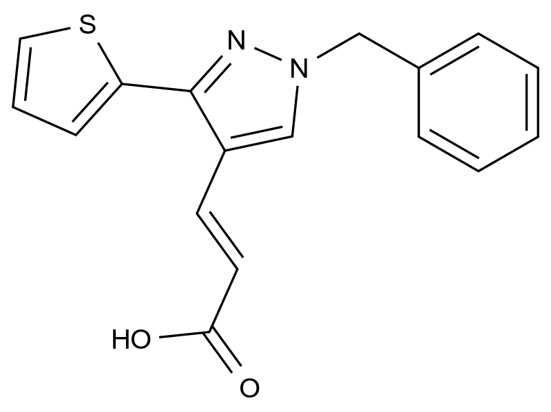 (2E)-3-(1-benzyl-3-thien-2-yl-1H-pyrazol-4-yl)acrylic acid 结构式