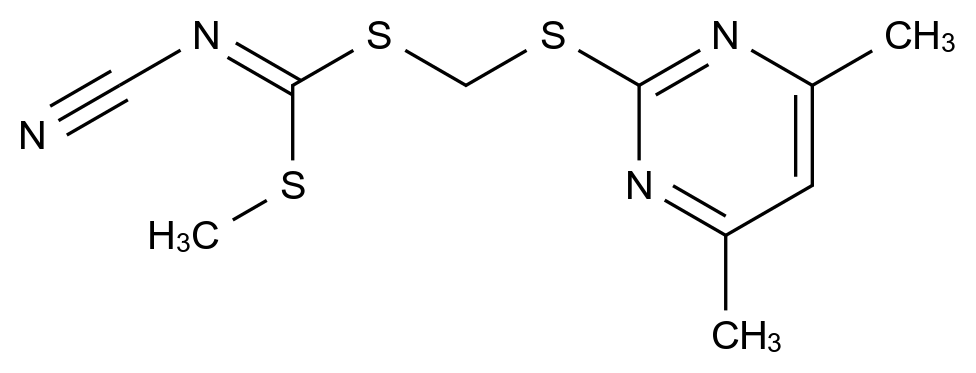 ((4,6-Dimethylpyrimidin-2-yl)thio)methyl methyl cyanocarbonimidodithioate CAS 120958-21-6 结构式 Chemical Structure