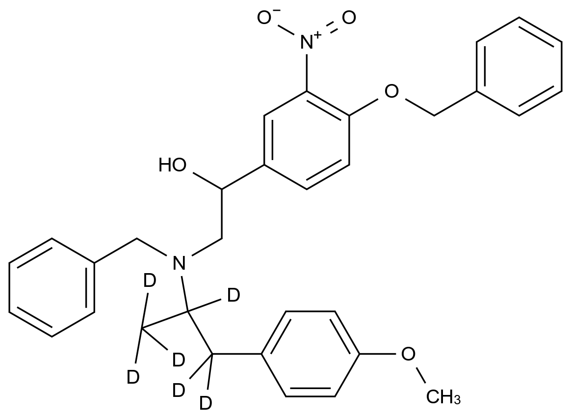  rac-N-Benzyl-N-[2-hydroxyl-2-(4-benzyloxy-3-nitrophenyl)-ethyl]-3-(4-methoxyphenyl)-2-propylamine-d6 CAS 1216475-21-6 结构式 Chemical Structure
