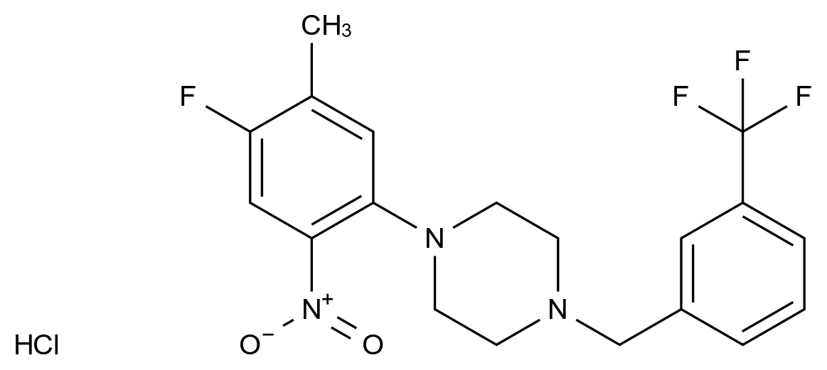  1-(4-Fluoro-5-methyl-2-nitrophenyl)-4-{[3-(trifluoromethyl)phenyl]methyl}piperazine hydrochloride CAS 1262222-57-0 结构式 Chemical Structure