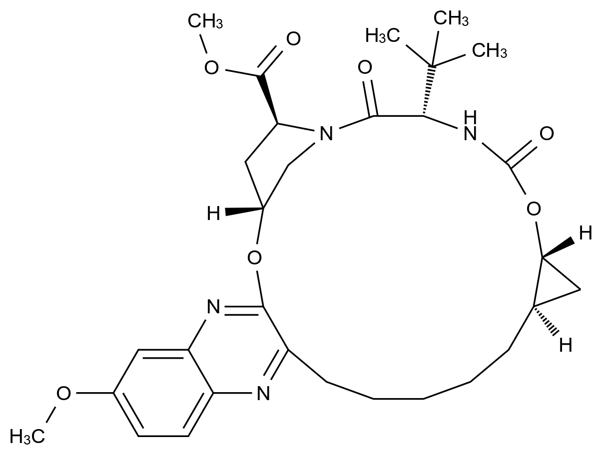  8H-7,10-Methanocyclopropa[18,19][1,10,3,6]dioxadiazacyclononadecino[11,12-b]quinoxaline-8-carboxylic acid, 5-(1,1-dimethylethyl)-1,1a,3,4,5,6,9,10,18,19,20,21,22,22a-tetradecahydro-14-methoxy-3,6-dioxo-, methyl ester, (1aR,5S,8S,10R,22aR)- CAS 1206524-84-6 结构式 Chemical Structure