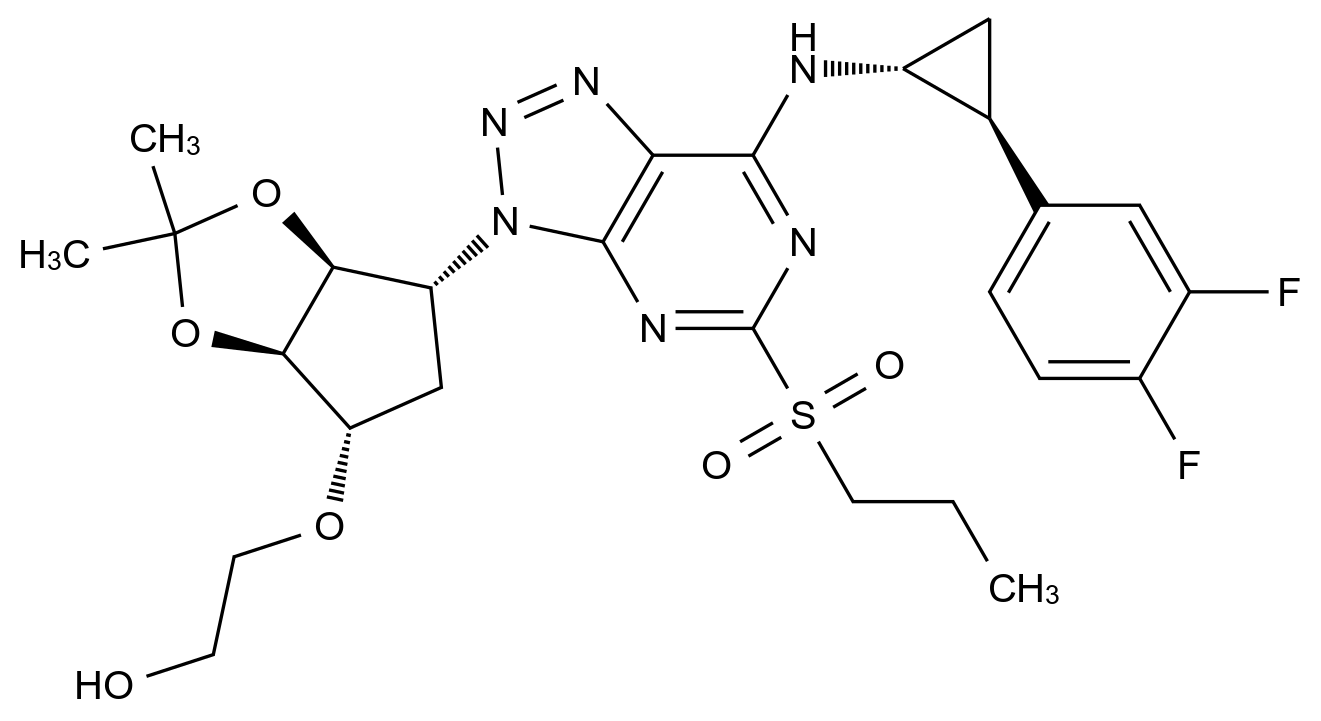 CAS No.:1863036-51-4,2-(((3aR,4S,6R,6aS)-6-(7-(((1R,2S)-2-(3,4-difluorophenyl)cyclopropyl)amino)-5-(propylsulfonyl)-3H-[1,2,3]triazolo[4,5-d]pyrimidin-3-yl)-2,2-dimethyltetrahydro-4H-cyclopenta[d][1,3]dioxol-4-yl)oxy)ethan-1-ol