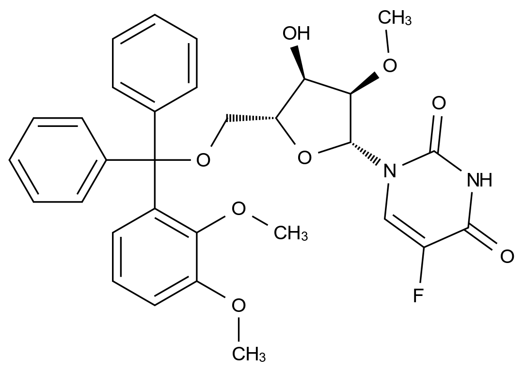 CAS No.:869355-45-3,1-((2R,3R,4R,5R)-5-((Bis(4-methoxyphenyl)(phenyl)methoxy)methyl)-4-hydroxy-3-methoxytetrahydrofuran-2-yl)-5-fluoropyrimidine-2,4(1H,3H)-dione