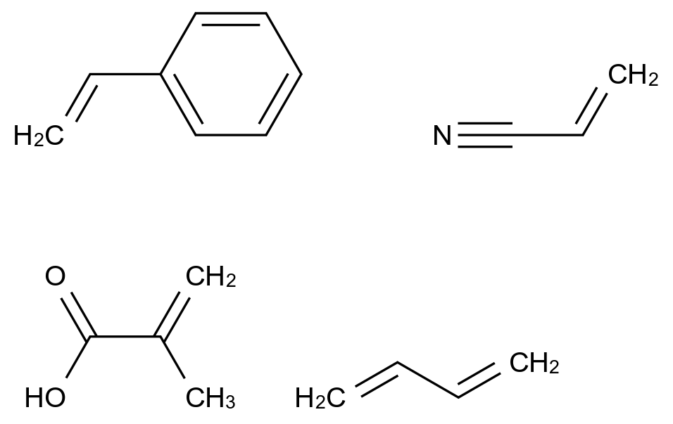  2-Propenoic acid, 2-methyl-, polymer with 1,3-butadiene, ethenylbenzene and 2-propenenitrile CAS 25214-09-9 结构式 Chemical Structure