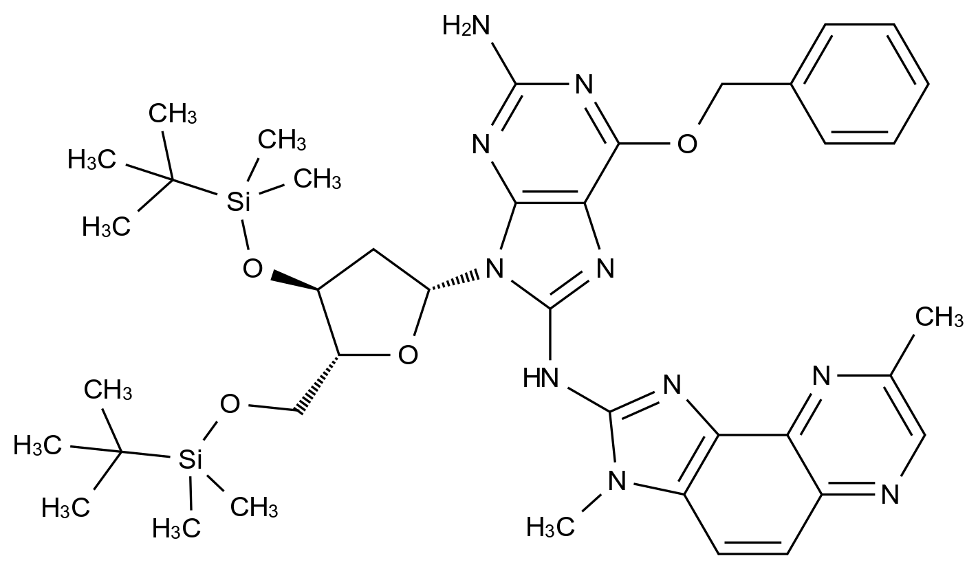 3’,5’-Di-O-tert-butyldimethylsilyl-2'-deoxy-8-[(3-methyl-8-methyl-3H-imidazo[4,5-f]quinoxalin-2-yl)amino]-6-O-benzyl-guanosine CAS 896719-54-3 chemical structure