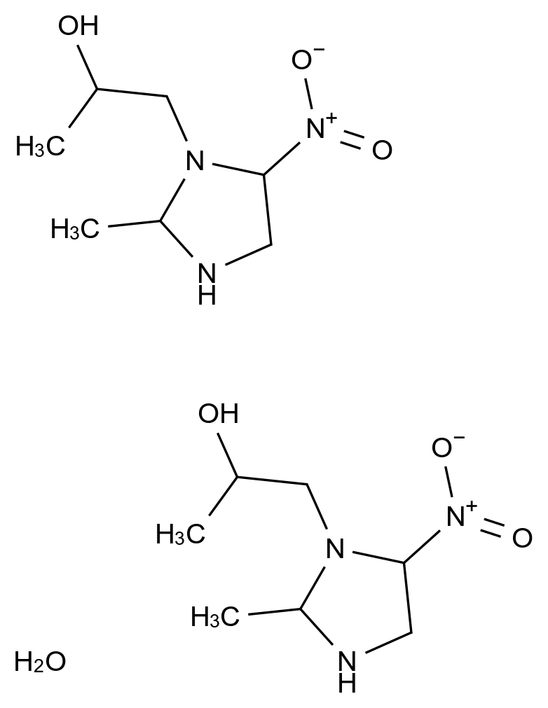 Secnidazole hemihydrate (RS)-1-(2-Methyl-5-nitroimidazol-1-yl)-2-propanol hemihydrate
227622-73-3
Secnidazole hemihydrate
|A,2-Dimethyl-5-nitro-1H-imidazole-1-ethanol hemihydrate CAS 227622-73-3 结构式 Chemical Structure