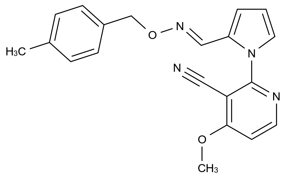 (E)-4-methoxy-2-(2-((((4-methylbenzyl)oxy)imino)methyl)-1H-pyrrol-1-yl)nicotinonitrile CAS 339103-17-2 chemical structure