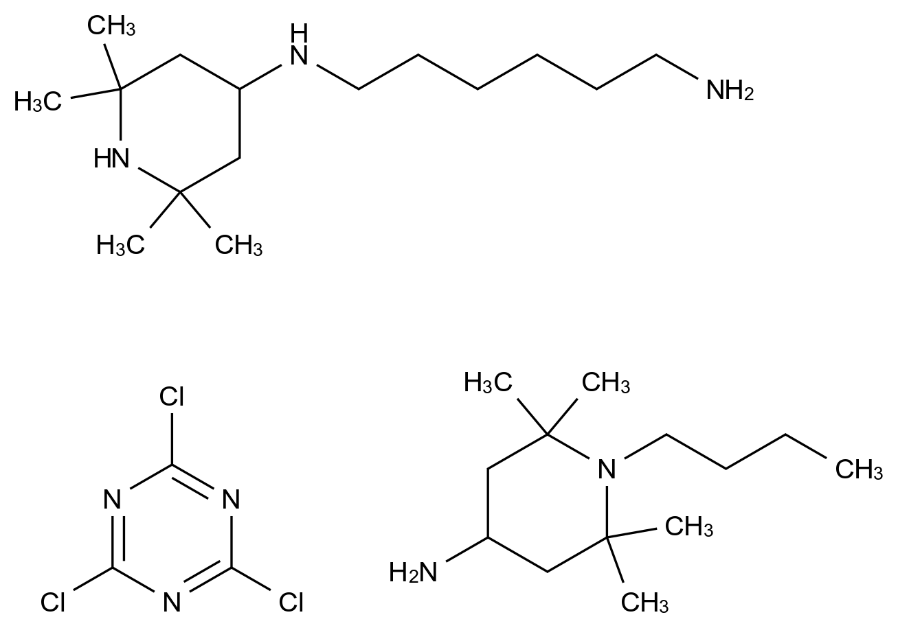  1,6-Hexanediamine, N1-(2,2,6,6-tetramethyl-4-piperidinyl)-, polymer with N-butyl-2,2,6,6-tetramethyl-4-piperidinamine and 2,4,6-trichloro-1,3,5-triazine CAS 72245-38-6 结构式 Chemical Structure