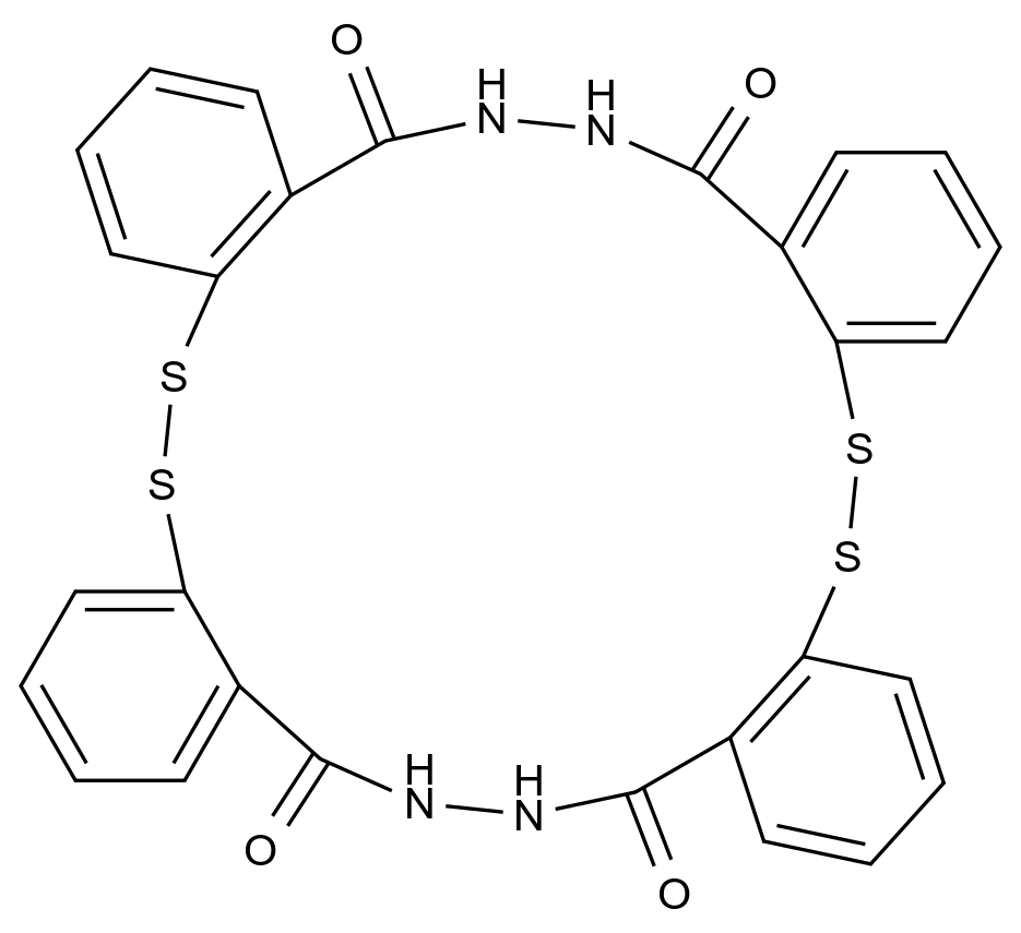  12,13,26,27-Tetrahydrotetrabenzo[c,i,m,s][1,2,11,12]tetrathia[6,7,16,17]tetraazacycloicosine-11,14,25,28-tetraone CAS 292615-40-8 结构式 Chemical Structure