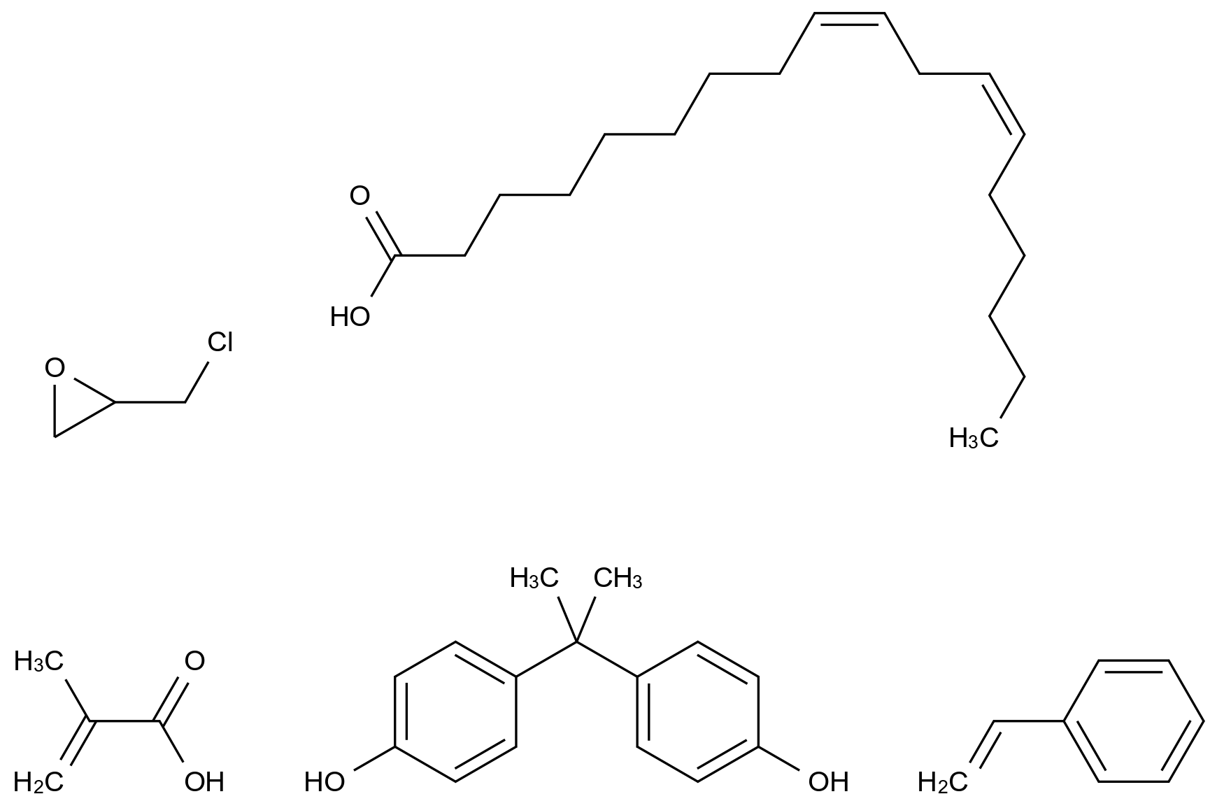 9,12-Octadecadienoic acid (9Z,12Z)-, polymer with 2-(chloromethyl)oxirane, ethenylbenzene, 4,4'-(1-methylethylidene)bis[phenol] and 2-methyl-2-propenoic acid CAS 68928-91-6 chemical structure