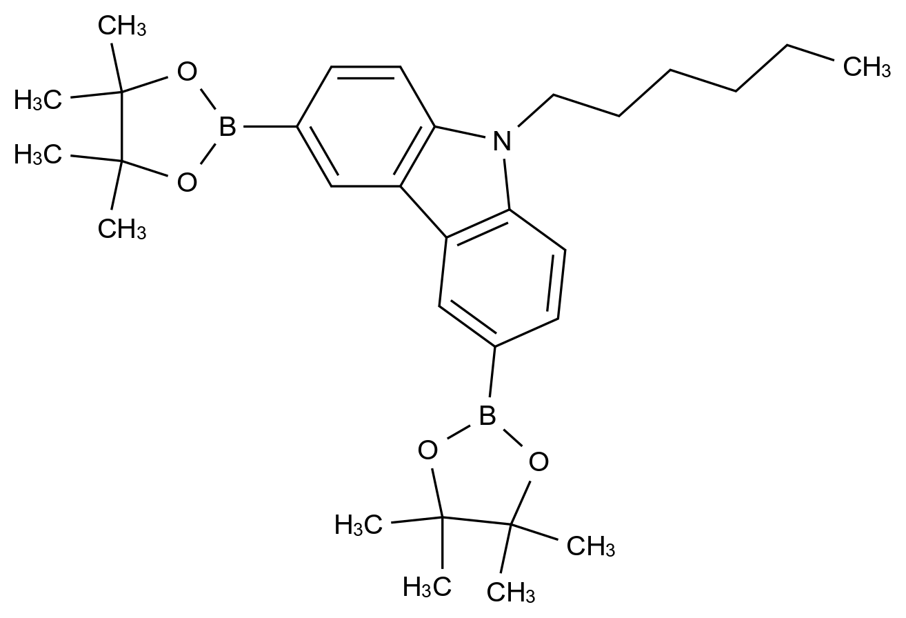  9-Hexyl-3,6-bis(4,4,5,5-tetramethyl-1,3,2-dioxaborolan-2-yl)-9H-carbazole CAS 628336-95-8 结构式 Chemical Structure