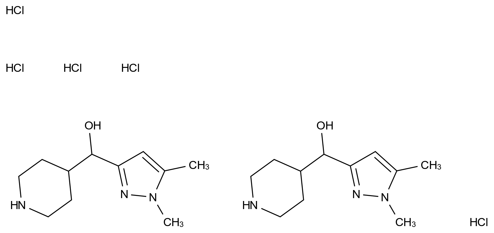 双((1,5-二甲基-1H-吡唑-3-基)(哌啶-4-基)甲醇)五盐酸盐 Bis((1,5-dimethyl-1H-pyrazol-3-yl)(piperidin-4-yl)methanol) pentahydrochloride CAS 2034156-59-5 结构式 Chemical Structure