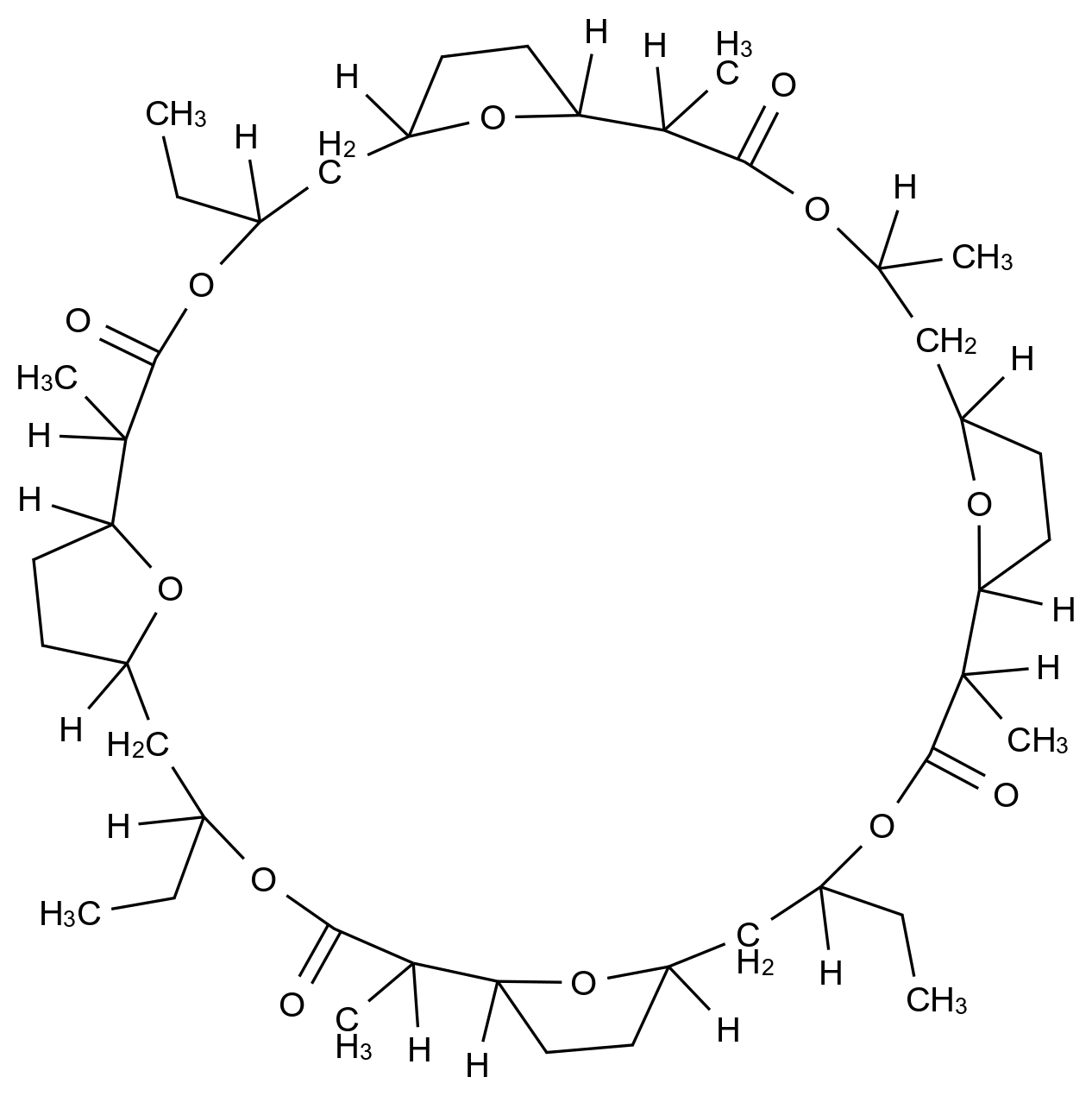 Trinactin游离态 (1R,2R,5R,7R,10S,11S,14S,16S,19R,20R,23R,25R,28S,29S,32S,34S)-5,14,23-Triethyl-2,11,20,29,32-pentamethyl-4,13,22,31,37,38,39,40-octaoxapentacyclo[32.2.1.17,10.116,19.125,28]tetracontane-3,12,21,30-tetrone CAS 7561-71-9 结构式 Chemical Structure