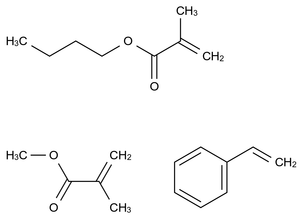 2-Propenoic acid, 2-methyl-, butyl ester, polymer with ethenylbenzene and methyl 2-methyl-2-propenoate CAS 26634-89-9 chemical structure