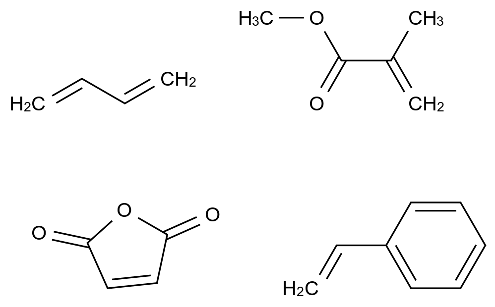 2-Propenoic acid, 2-methyl-, methyl ester, polymer with 1,3-butadiene, ethenylbenzene and 2,5-furandione CAS 41529-43-5 chemical structure