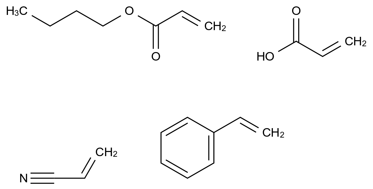  2-Propenoic acid, polymer with butyl 2-propenoate, ethenylbenzene and 2-propenenitrile CAS 25586-25-8 结构式 Chemical Structure