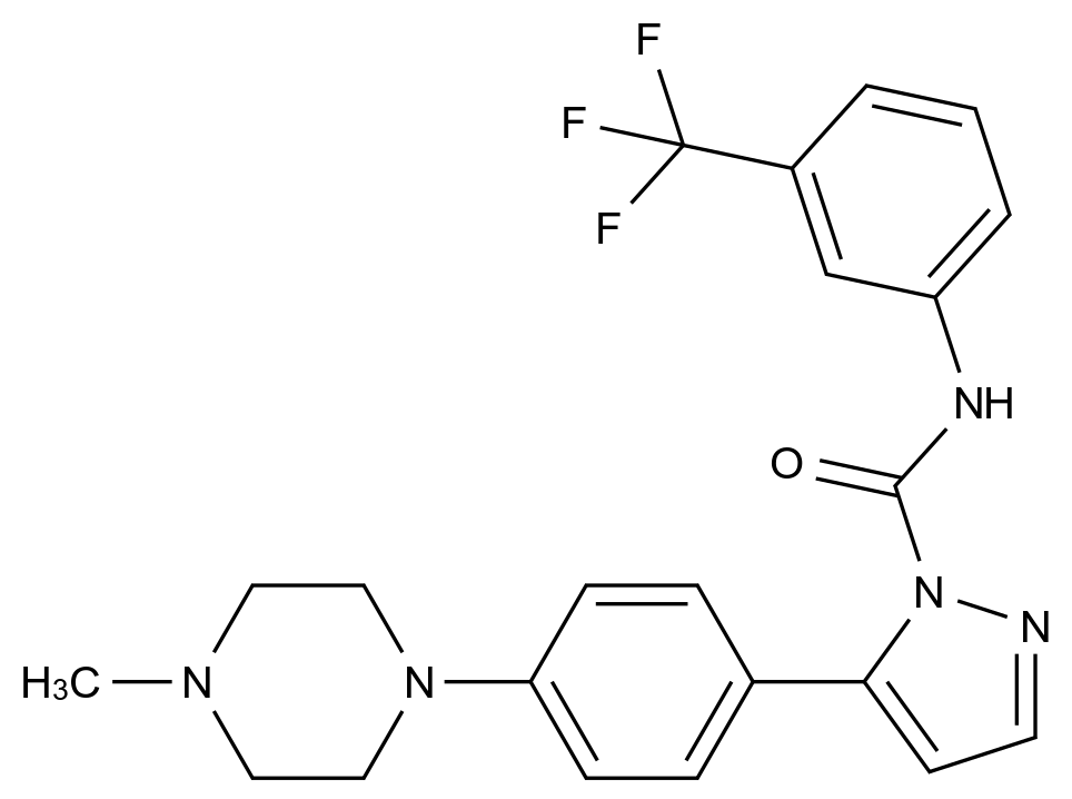  5-(4-(4-Methylpiperazin-1-yl)phenyl)-N-(3-(trifluoromethyl)phenyl)-1H-pyrazole-1-carboxamide CAS 321998-93-0 结构式 Chemical Structure