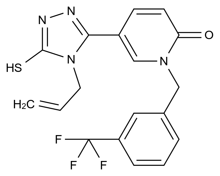  5-[4-(Prop-2-en-1-yl)-5-sulfanyl-4H-1,2,4-triazol-3-yl]-1-{[3-(trifluoromethyl)phenyl]methyl}-1,2-dihydropyridin-2-one CAS 477852-98-5 结构式 Chemical Structure