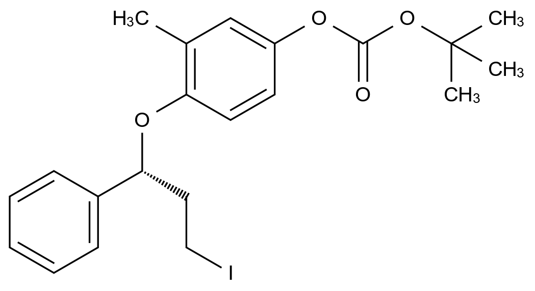 (R)-(2-Methyl-4-tert-butylcarbonate)benzene 1-(1-Phenyl-3-iodopropyl) Ether
(R)-3-Iodo-1-phenyl-1-[2-methyl-4-[(tert-butoxycarbonyl)-oxy]phenoxy]propane
457634-26-3
Carbonic Acid 1,1-Dimethylethyl 4-[(1R)-3-Iodo-1-phenylpropoxy]-3-methylphenyl Ester CAS 457634-26-3 chemical structure