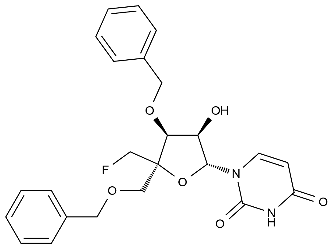  1-[(2r,3r,4s,5r)-4-benzyloxy-5-(benzyloxymethyl)-5-(fluoromethyl)-3-hydroxy-tetrahydrofuran-2-yl]pyrimidine-2,4-dione CAS 200066-88-2 结构式 Chemical Structure