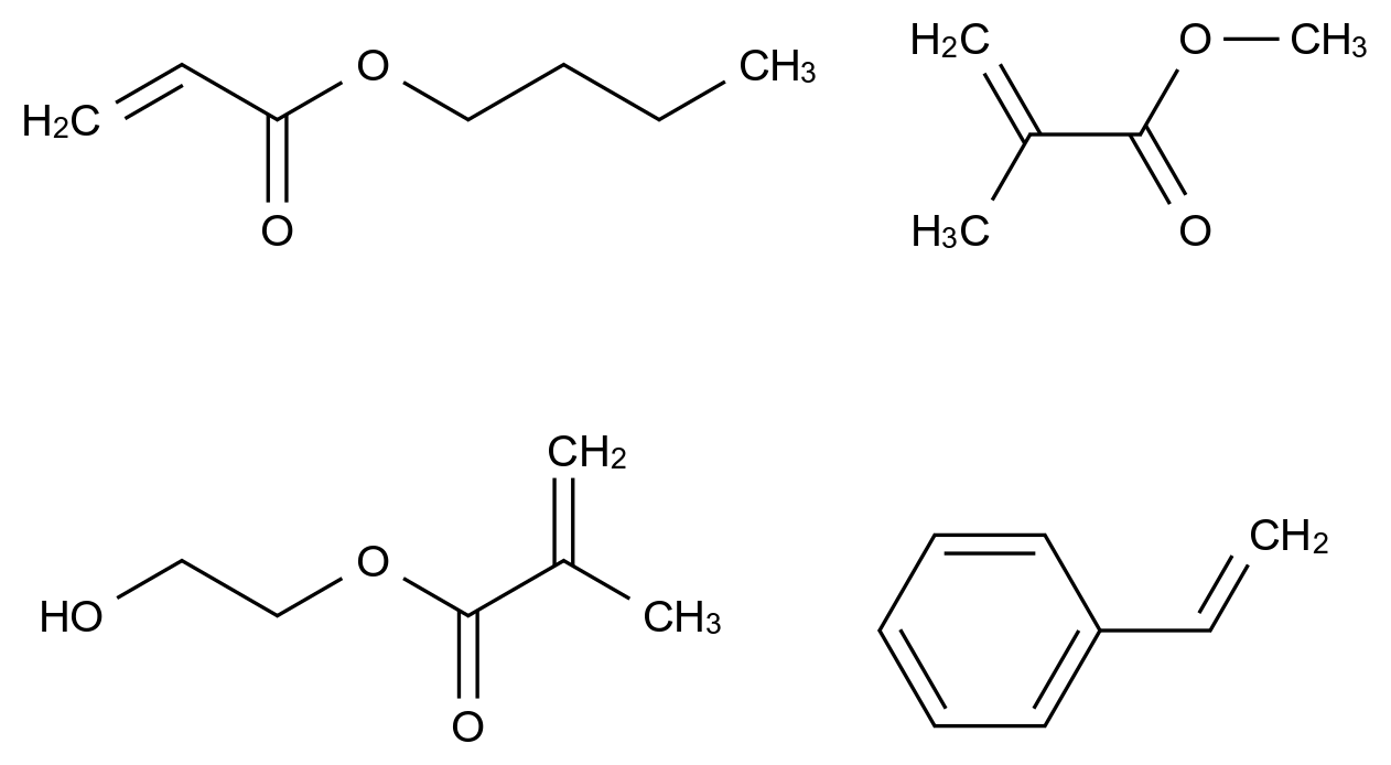 2-Propenoic acid, 2-methyl-, 2-hydroxyethyl ester, polymer with butyl 2-propenoate, ethenylbenzene and methyl 2-methyl-2-propenoate CAS 26588-80-7 chemical structure
