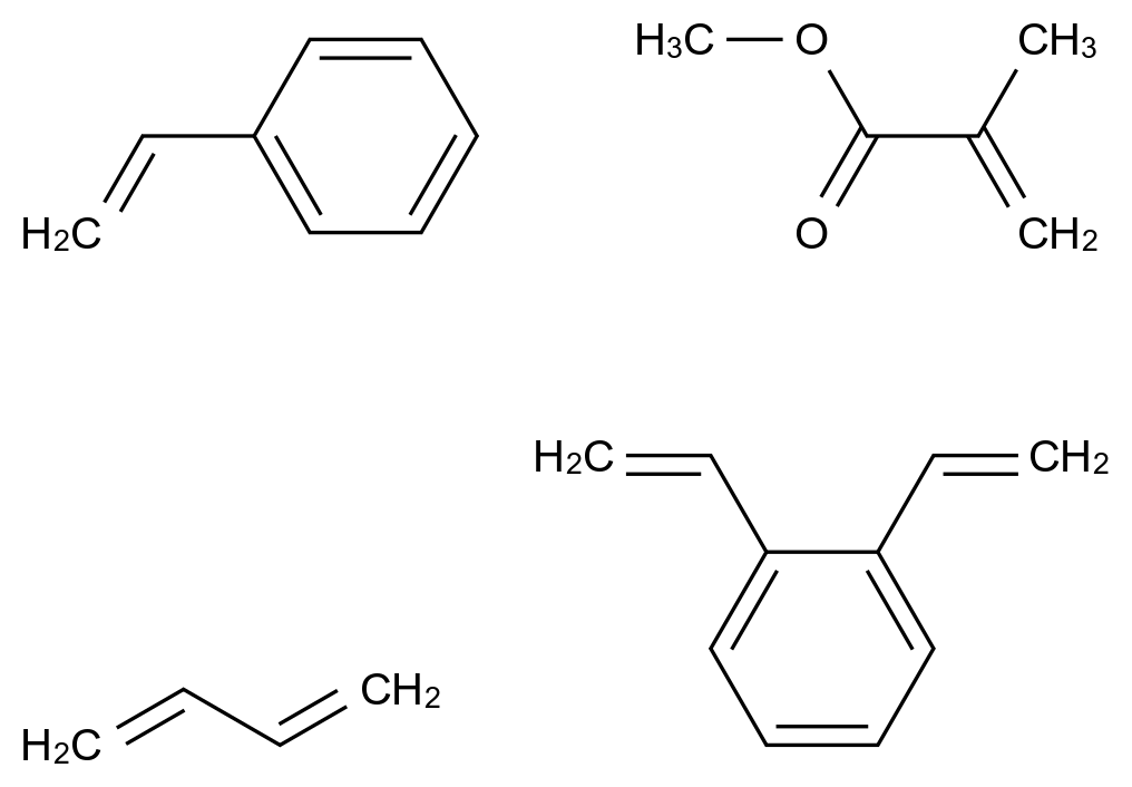  2-Propenoic acid, 2-methyl-, methyl ester, polymer with 1,3-butadiene, diethenylbenzene and ethenylbenzene CAS 9035-90-9 结构式 Chemical Structure