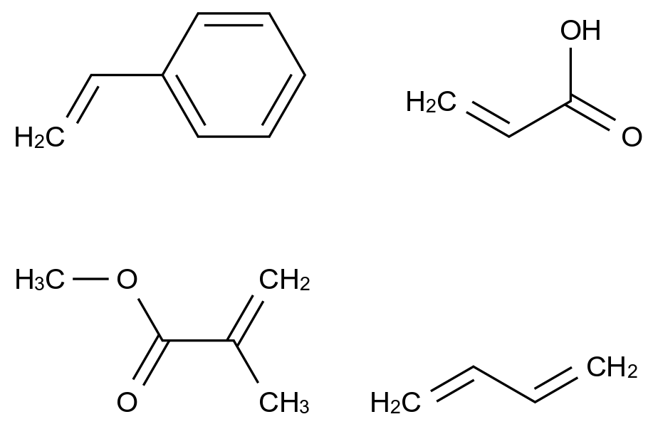  2-Propenoic acid, 2-methyl-, methyl ester, polymer with 1,3-butadiene, ethenylbenzene and 2-propenoic acid CAS 26590-06-7 结构式 Chemical Structure