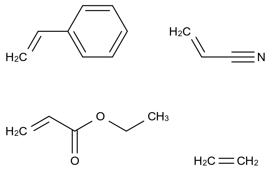  2-Propenoic acid, ethyl ester, polymer with ethene, ethenylbenzene and 2-propenenitrile CAS 26140-65-8 结构式 Chemical Structure