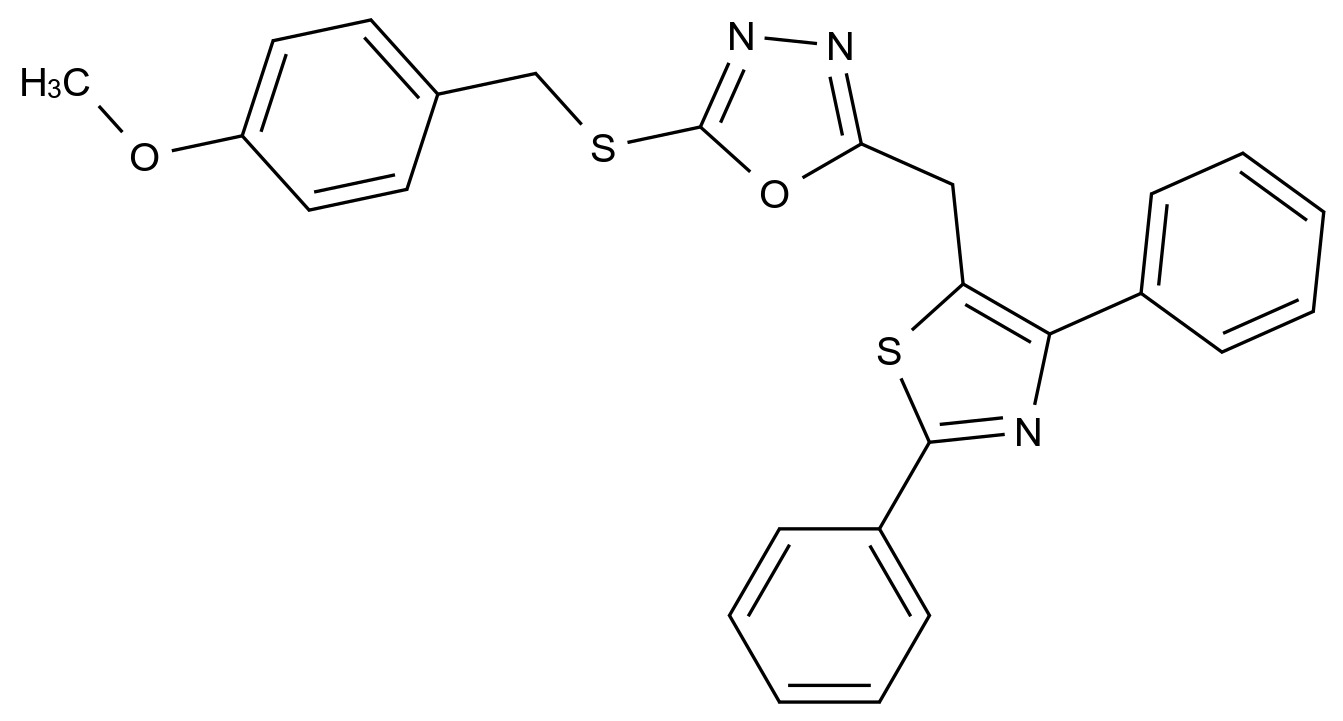  2-((2,4-Diphenylthiazol-5-yl)methyl)-5-((4-methoxybenzyl)thio)-1,3,4-oxadiazole CAS 866017-49-4 结构式 Chemical Structure