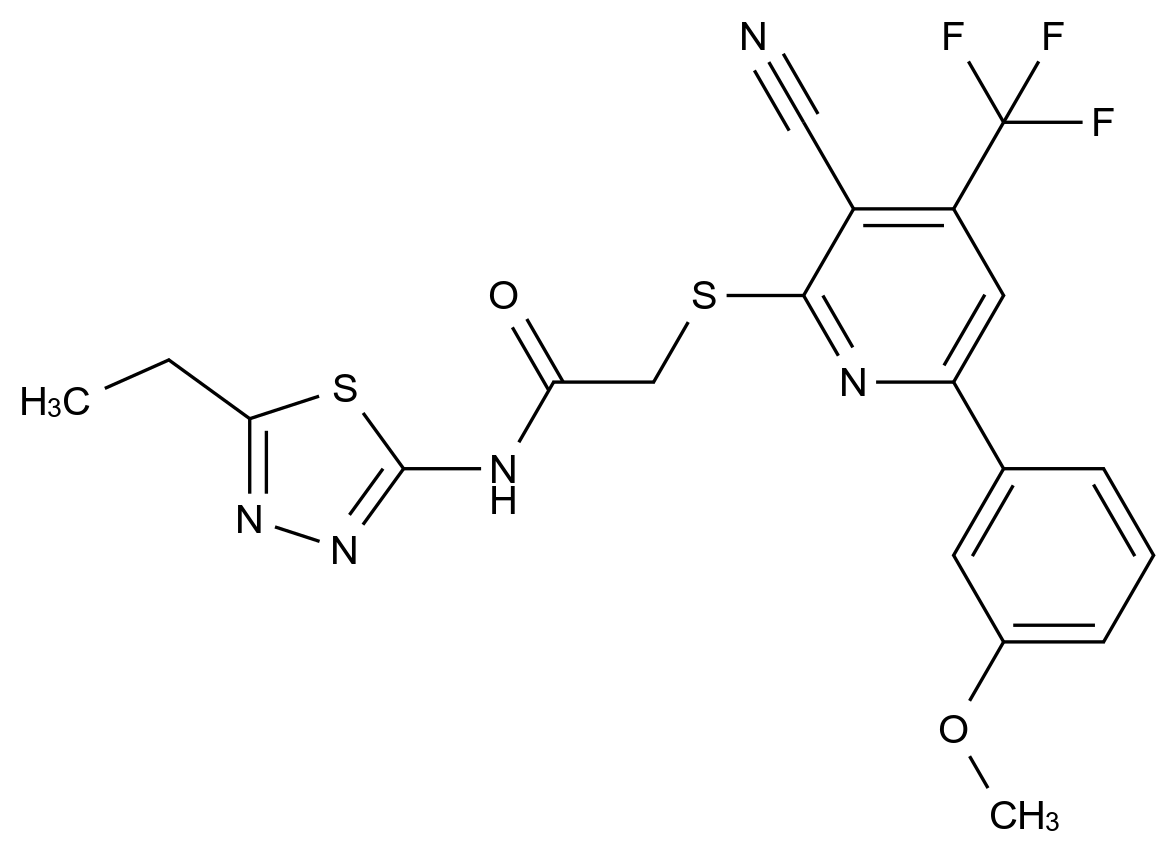 2-((3-Cyano-6-(3-methoxyphenyl)-4-(trifluoromethyl)pyridin-2-yl)thio)-N-(5-ethyl-1,3,4-thiadiazol-2-yl)acetamide CAS 625378-21-4 chemical structure