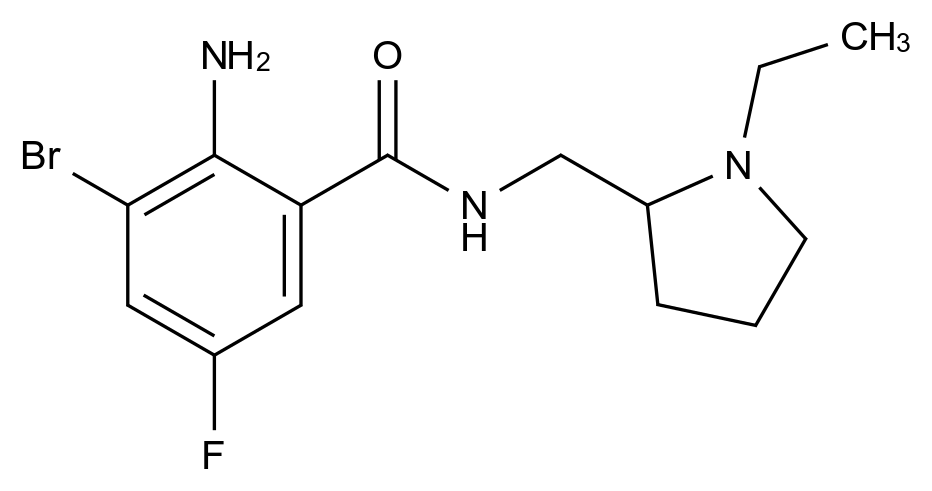 2-Amino-3-bromo-N-((1-ethylpyrrolidin-2-yl)methyl)-5-fluorobenzamide CAS 63497-94-9 chemical structure