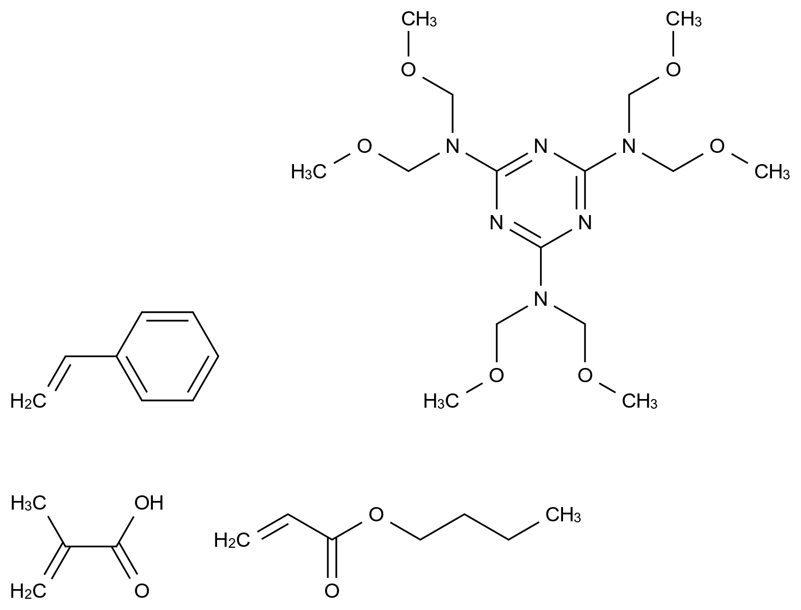 2-Propenoic acid, 2-methyl-, polymer with butyl 2-propenoate, ethenylbenzene and N2,N2,N4,N4,N6,N6-hexakis(methoxymethyl)-1,3,5-triazine-2,4,6-triamine CAS 26522-98-5 chemical structure