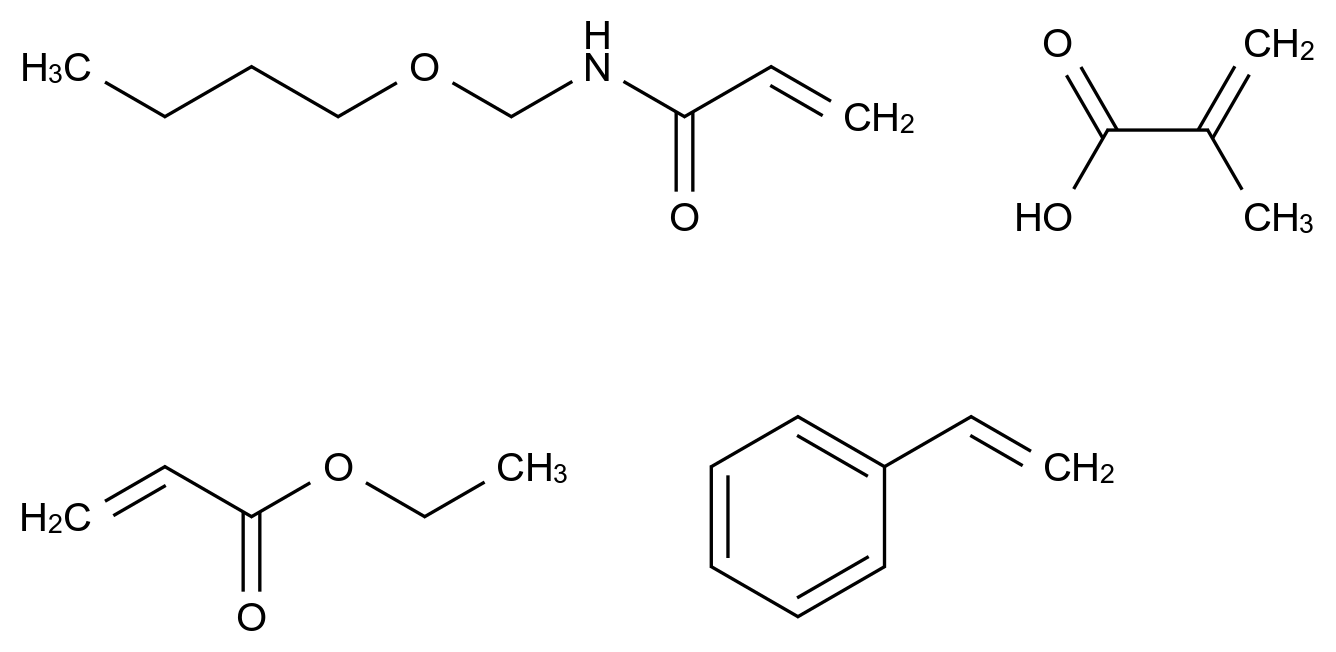  2-Propenoic acid, 2-methyl-, polymer with N-(butoxymethyl)-2-propenamide, ethenylbenzene and ethyl 2-propenoate CAS 26589-46-8 结构式 Chemical Structure