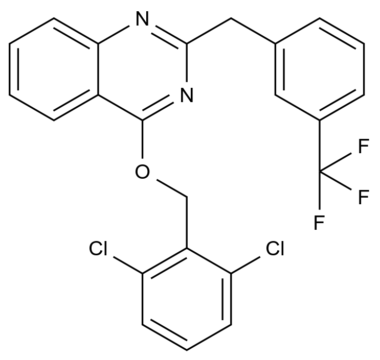  4-((2,6-Dichlorobenzyl)oxy)-2-(3-(trifluoromethyl)benzyl)quinazoline CAS 861208-35-7 结构式 Chemical Structure