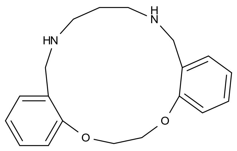  5,6,14,15-Dibenzo-1,4-dioxa-8,12-diazacyclopentadeca-5,14-diene CAS 65639-43-2 结构式 Chemical Structure