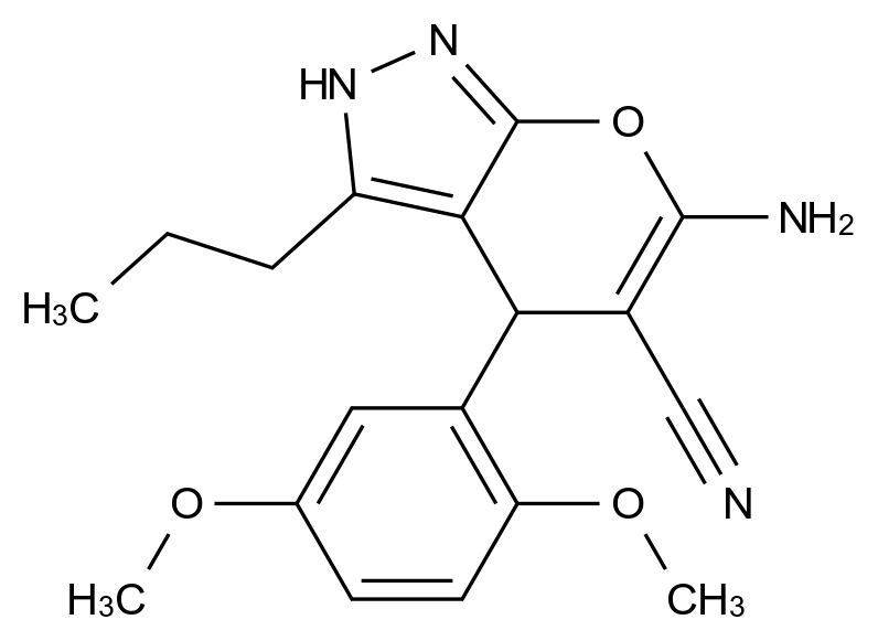  6-Amino-4-(2,5-dimethoxyphenyl)-3-propyl-2,4-dihydropyrano[2,3-c]pyrazole-5-carbonitrile CAS 371234-31-0 结构式 Chemical Structure