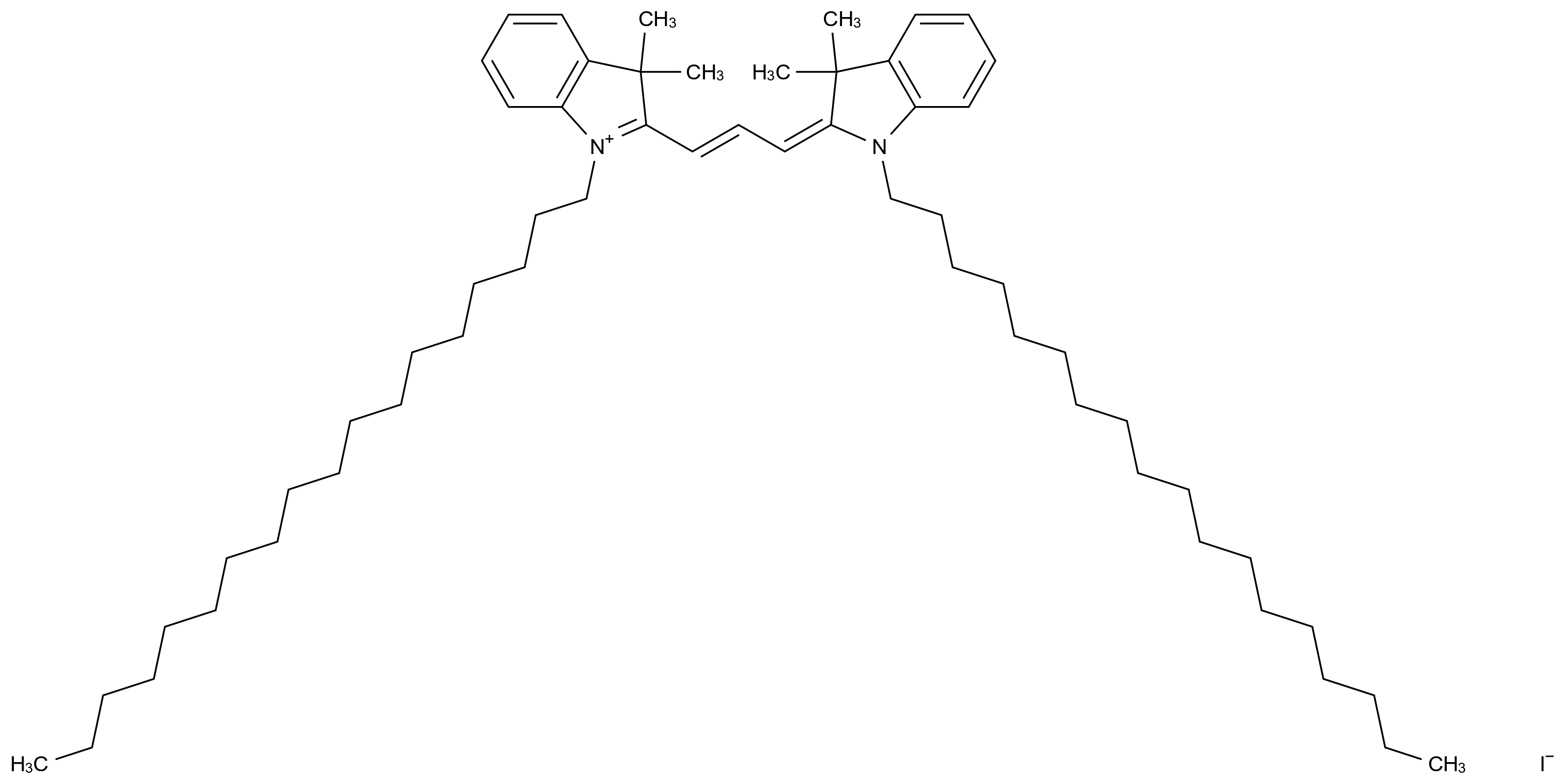 2-(3-(3,3-二甲基-1-十八烷基吲哚啉-2-亚基)丙-1-烯-1-基)-3,3-二甲基-1-十八烷基-3H-吲哚-1-鎓碘化物 2-(3-(3,3-Dimethyl-1-octadecylindolin-2-ylidene)prop-1-en-1-yl)-3,3-dimethyl-1-octadecyl-3H-indol-1-ium iodide CAS 22366-93-4 结构式 Chemical Structure